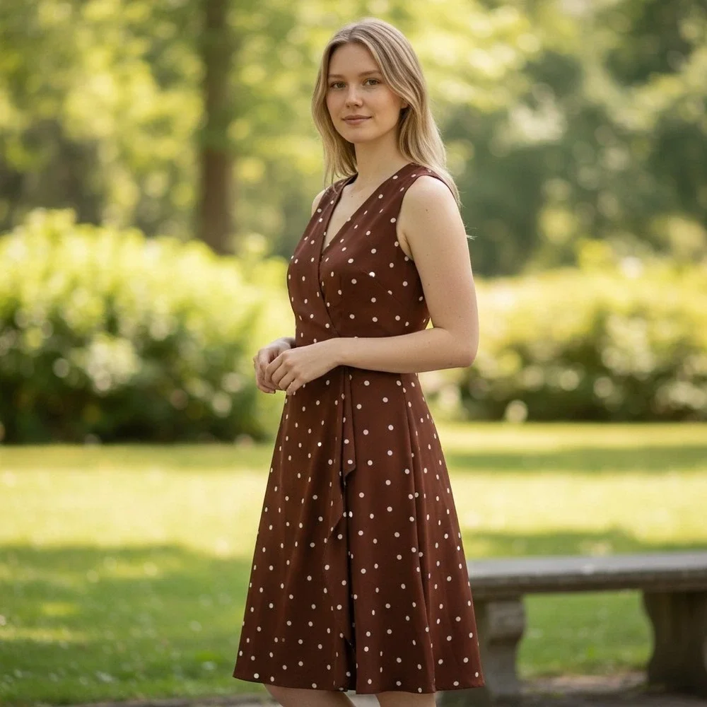 Ann Taylor Polka Dot Wrap Midi Dress Rust Brown White Sleeveless Size 8 NWT